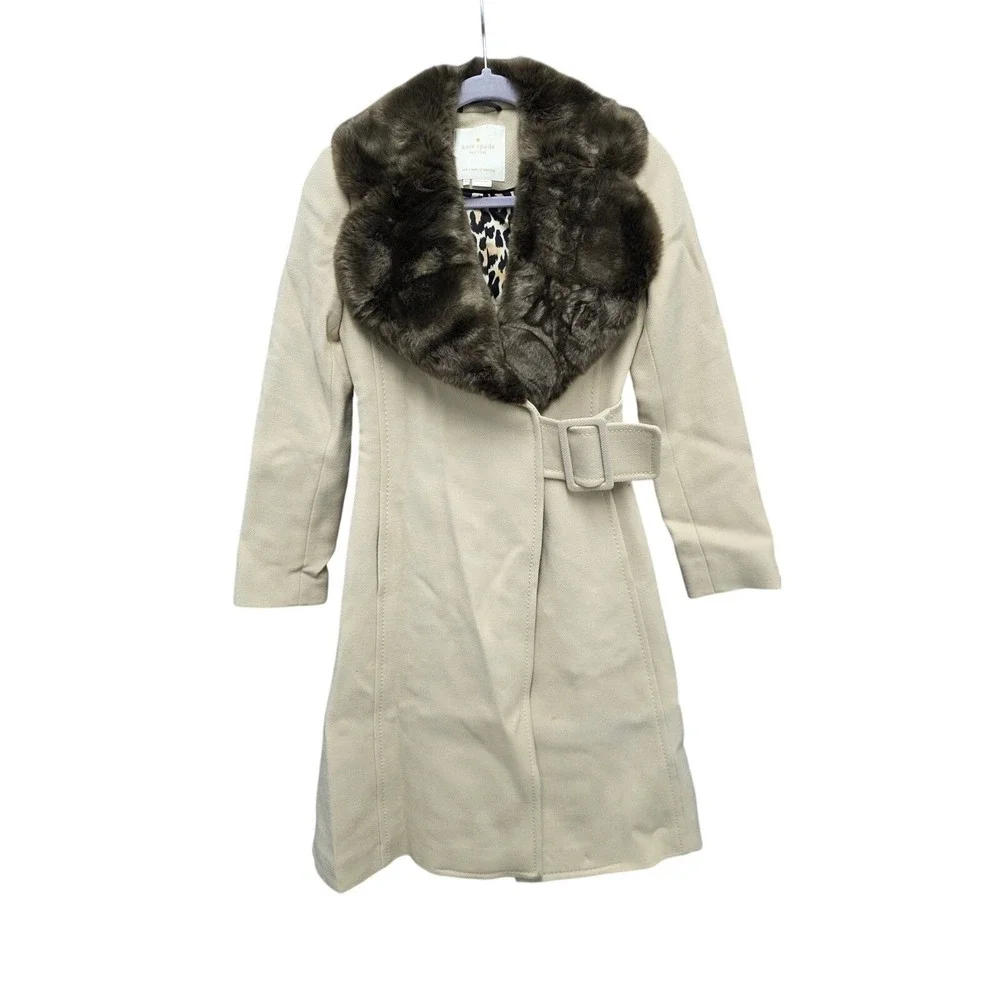 Kate Spade Briella‎ Wool Blend Belted Coat Faux Fur Collar Leopard Lined Winter